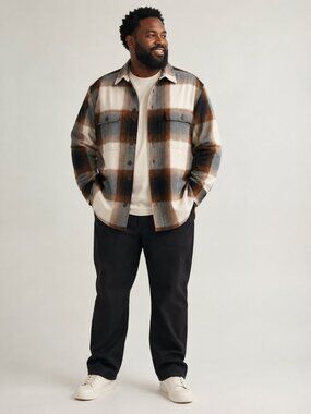 NWT Mutual Weave Big & Tall Ivory Buffalo Plaid Cotton Shacket Shirt Jacket 1XLT